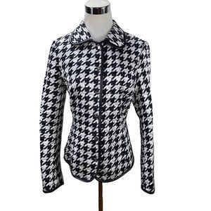 New Escada Large Houndstooth Print Silk Blend Jacket Ger 36 Leather Pockets
